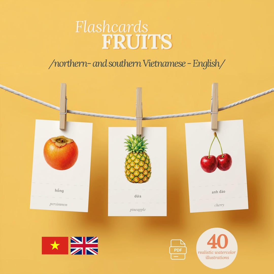 40 Bilingual Fruits Flashcards, Vietnamese English Learning Material ...