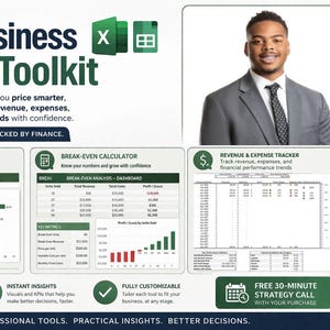 May include: An image promoting a "Small Business Finance Toolkit" with Excel tools for pricing, break-even analysis, and revenue tracking. It features a man in a suit and the text "Built for Business Owners, Backed by Finance."