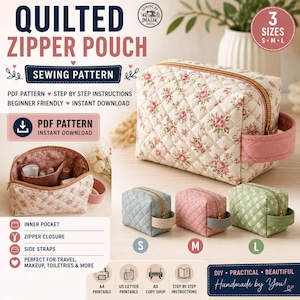 Puede incluir: Un patrón de costura para estuche acolchado con cremallera, con exterior de estampado floral, cremallera dorada y correa lateral. La imagen muestra un estuche grande, tres versiones más pequeñas en azul, rosa y verde, y un estuche abierto.
