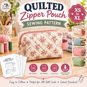 Può includere: Un cartamodello per una pochette trapuntata con cerniera e stampa floreale su sfondo crema. Il modello include istruzioni per le taglie dalla XS alla XL, con formati A0, A4 e US Letter disponibili. La pochette ha una cerniera dorata.