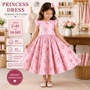 Patron de couture PDF pour robe de princesse | Patron de robe évasée pour enfant | Patron de couture pour robe fille | Formats A0, A4 et Lettre US | Tailles 2-4 ans à 14-16 ans