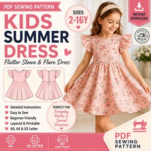 May include: A PDF sewing pattern for a kids summer dress with flutter sleeves and a flared skirt. The pattern includes sizes 2-16Y, detailed instructions, and is compatible with A0, A4, and US Letter paper formats for printing at home or copy shops.