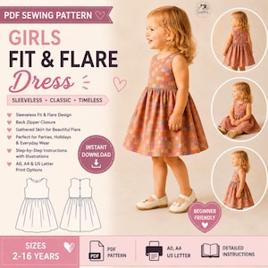 May include: A PDF sewing pattern for a sleeveless fit and flare dress for children aged 2-16 years. The image displays a child wearing the dress, which features a multi-coloured checkered pattern, a gathered skirt, and a back zipper closure.