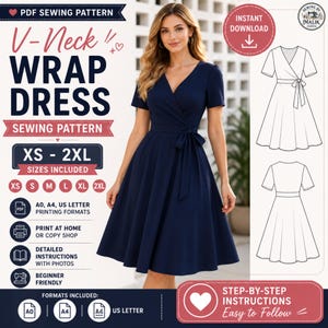 May include: A PDF sewing pattern for a navy blue V-neck wrap dress with short sleeves and a waist tie. The pattern includes sizes XS to 2XL, with printing formats for A0, A4, and US Letter. Includes step-by-step instructions and line drawings.