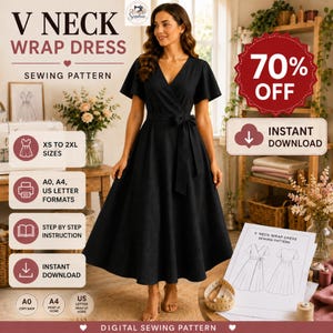 V-Neck Wrap Dress Sewing Pattern PDF | Sleeveless Midi A-Line Boho Sundress | Tie Waist Summer Women Dress | Beginner Friendly