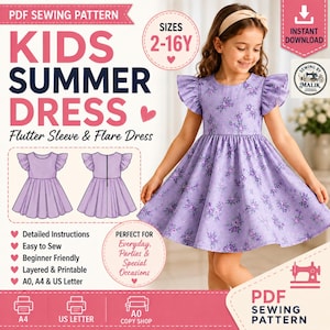 Kids Summer Dress Sewing Pattern PDF | Girls Flutter Sleeve Dress Pattern | Toddler Party Dress | Printable PDF | A4 A0 US Letter