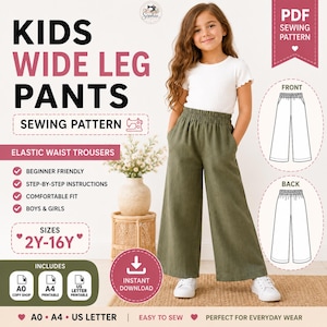 Cartamodello PDF per pantaloni a gamba larga per bambini, pantaloni con elastico in vita, pantaloni palazzo per bambine, cartamodello unisex per abbigliamento bambini, download immediato A0 A4