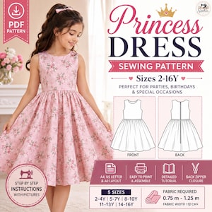 Op de afbeelding: Een digitaal PDF-naaipatroon voor een mouwloze prinsessenjurk met bloemenprint. Het patroon bevat maten 2-16 jaar, gedetailleerde instructies en een ritssluiting aan de achterkant. Stofbenodigdheden: 0,75 m tot 1,25 m bij 112 cm breedte.