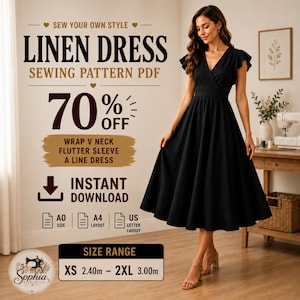 Op de afbeelding: Een zwart linnen jurk naaipatroon PDF met een overslag V-hals en vlindermouwen. De tekst bevat SEW YOUR OWN STYLE, LINEN DRESS, SEWING PATTERN PDF, 70% OFF, WRAP V NECK FLUTTER SLEEVE A LINE DRESS, INSTANT DOWNLOAD, en maatbereik XS tot 2XL.
