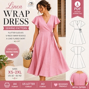 Linen Wrap Dress Sewing Pattern PDF | Flutter Sleeve Midi Dress Pattern | Women’s V Neck Dress | A4 US Letter A0 XS-2XL