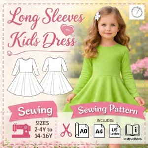 May include: A lime green long-sleeved kids dress. The image includes a sewing pattern with the text "Long Sleeves Kids Dress" and "Sewing Pattern". The pattern includes sizes 2-4Y to 14-16Y and instructions.