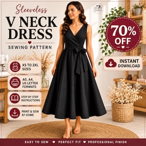 Patron de couture PDF pour robe sans manches à col en V | Patron de robe trapèze | Patron de robe femme XS-2XL | Format imprimable A0, A4, US Letter
