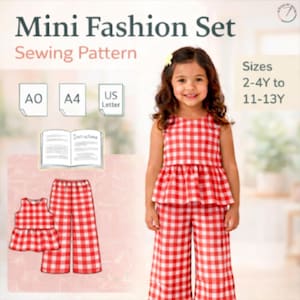 May include: A red and white gingham mini fashion set sewing pattern. The image shows a girl wearing the outfit, along with the pattern pieces and instructions. Sizes range from 2-4Y to 11-13Y.