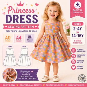 Puede incluir: Un patrón de costura digital para un vestido sin mangas con un estampado de cuadros en tonos naranja, morado y azul. El gráfico incluye el texto Princess Dress Sewing Pattern, formatos A0, A4 y US Letter, y tallas de 2-4Y a 14-16Y.