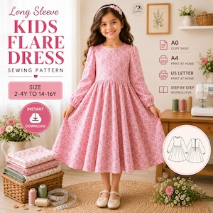 Long Sleeve Kids Dress Sewing Pattern PDF, Girls Flare Dress Pattern, Toddler Dress Pattern, Printable A4 A0 US Letter, Sizes 2-16Y