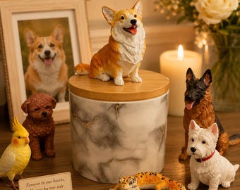 Custom Dog Cat Pet Urn with Hand Painted Figure & 3D Name Plate, Marble Pet Memorial Ashes Keepsake