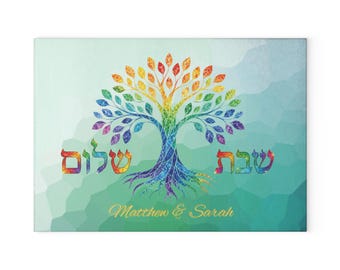 Personlig judisk present till henne, Shabbat Shalom Teal Vitrage Glas Challah-bräda, Skärbräda med eget namn, Livets träd-bröllopspresent