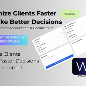 Può includere: Immagine promozionale per WL Systems, un sistema di flusso di lavoro per commercialisti e contabili. L'immagine presenta il testo "Organizza i clienti più velocemente e prendi decisioni migliori". Evidenzia anche funzionalità come l'analisi dei clienti, decisioni più rapide e organizzazione. Include un'etichetta "PRO VERSION".