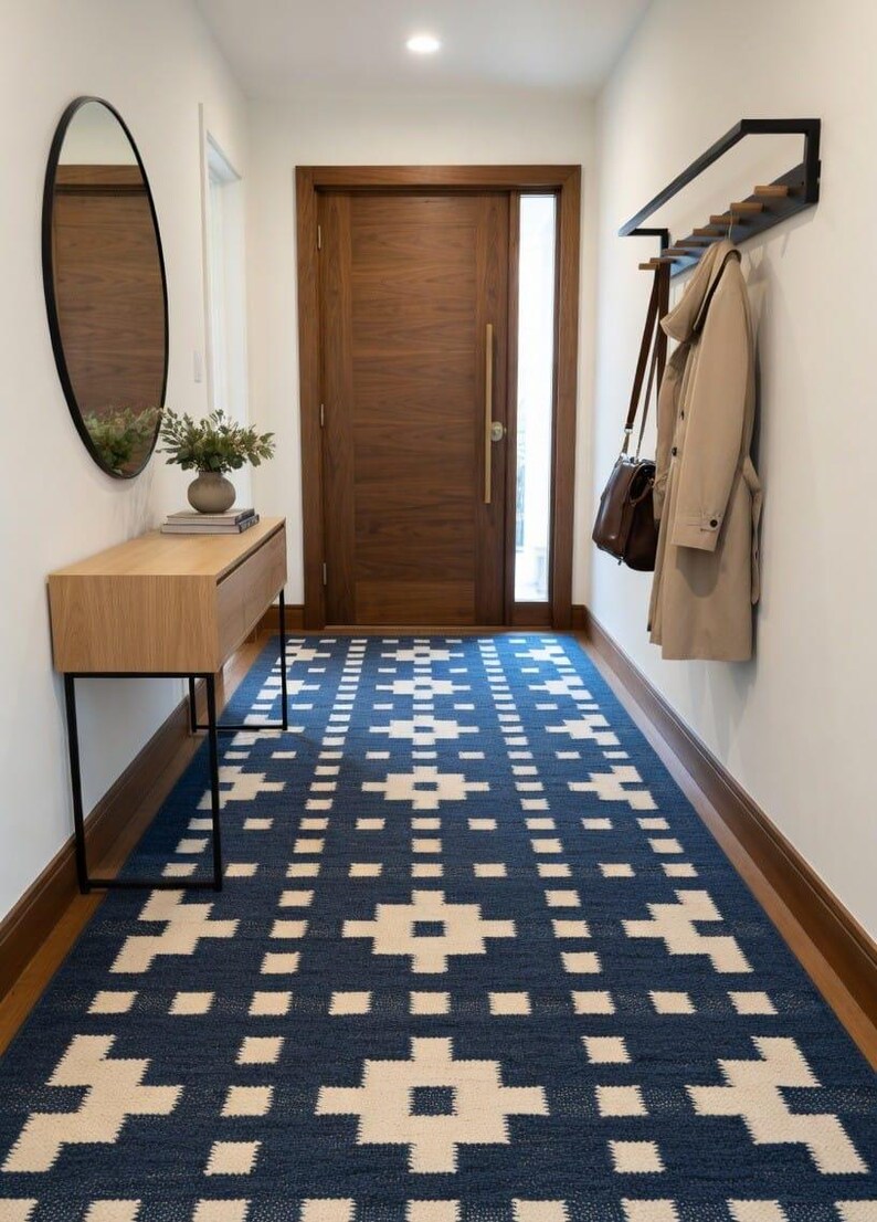 Op de afbeelding: Een rechthoekig vloerkleed met een diepblauwe achtergrond en een herhalend wit geometrisch patroon van kruisen en vierkanten. Het kleed ligt in een hal met een houten deur, een sidetable van licht hout, een ronde spiegel en een wandkapstok.