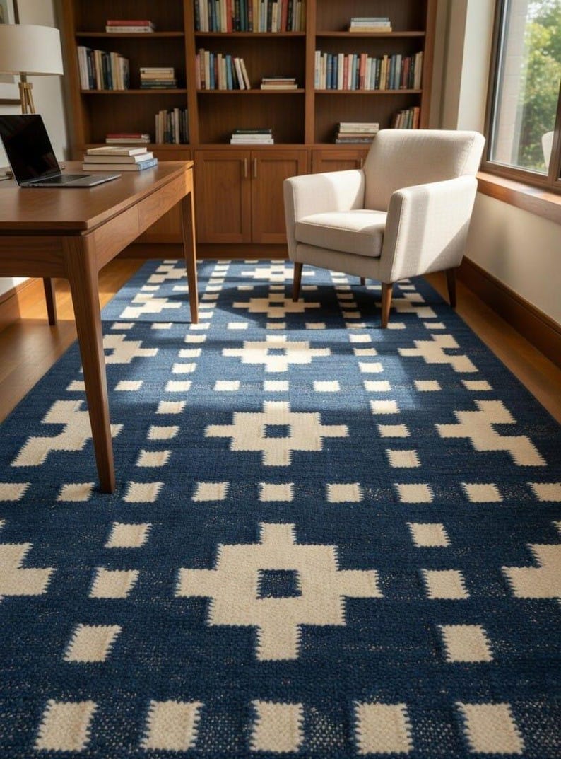 Op de afbeelding: Een rechthoekig vloerkleed met een diepblauwe achtergrond en een herhalend geometrisch patroon in gebroken wit. Het ontwerp bestaat uit grote, gecentreerde kruisvormen omringd door kleinere vierkante motieven in een rasterpatroon.