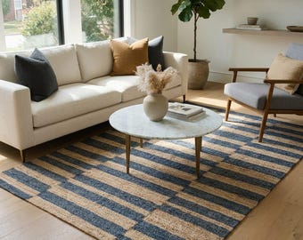 Handgeweven blauw en naturel gestreept jute vloerkleed | Platgeweven jute vloerkleed met | Kustmoderne blokstreep loper voor de woonkamer