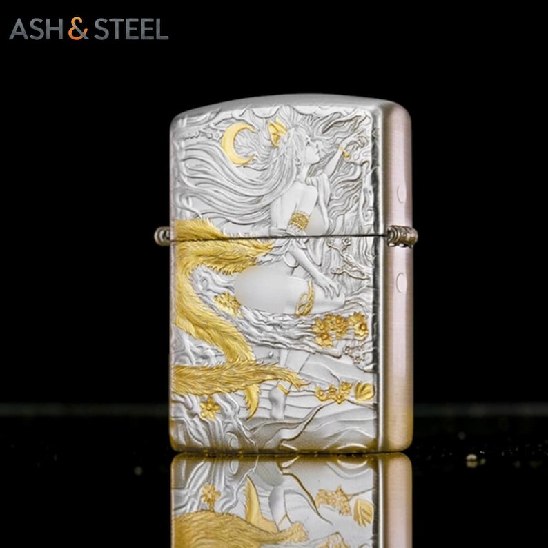 Metal Lighter Fox Spirit Goddess Design, Collectible Lighter Gift for Him, 3D Engraved Windproof Lighter, Mythical Nine Tail Art Gold Tone image 5