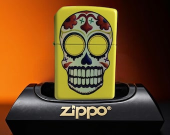 Colorful Skull Metal Lighter Collectible Gift for Him, Artistic Sugar Skull Zippo Style Lighter Bold Yellow Design Unique Statement Piece
