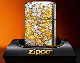 Metal Lighter Fox Spirit Goddess Design, Collectible Lighter Gift for Him, 3D Engraved Windproof Lighter, Mythical Nine Tail Art Gold Tone