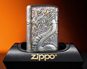 Bold dragon engraved lighter Zippo collectible, silver gold dragon design gift for him birthday gift mens accessories premium keepsake