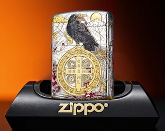 Metal Lighter Collectible Gift for Him Zippo Gothic Raven Lighter Occult Symbol Engraved Design, Rare Zippo Style Premium Dark Lighter Gift