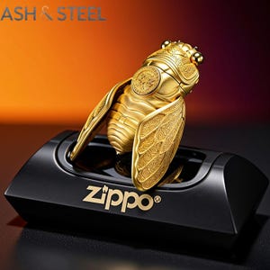Puede incluir: Un encendedor dorado con forma de cigarra sobre una base negra Zippo. El encendedor tiene intrincados detalles en las alas y el cuerpo. La base Zippo tiene el nombre de la marca en letras doradas. El fondo es un degradado de naranja y rojo oscuro.