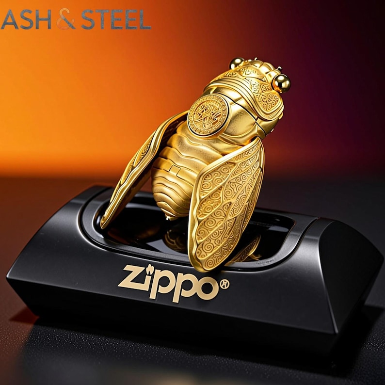 Puede incluir: Un encendedor dorado con forma de cigarra sobre una base negra Zippo. El encendedor tiene intrincados detalles en las alas y el cuerpo. La base Zippo tiene el nombre de la marca en letras doradas. El fondo es un degradado de naranja y rojo oscuro.
