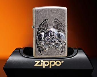 Triple Skull Gothic Lighter Dark Collector Piece, Winged Skull Zippo Lighter, Gift for Him, Birthday Gift, Anniversary Gift, Men's Gift