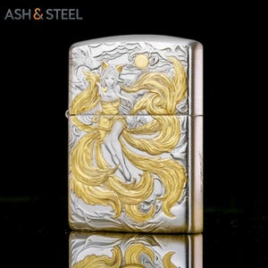 Metal Lighter Fox Spirit Goddess Design, Collectible Lighter Gift for Him, 3D Engraved Windproof Lighter, Mythical Nine Tail Art Gold Tone image 6
