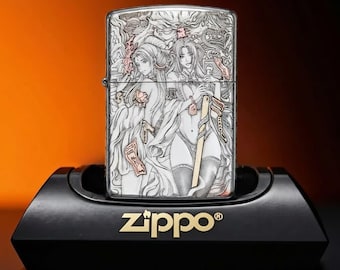 Silbernes Zippo-Feuerzeug von Twin Maiden, verzierte mystische Porträtkunstwerk, elegantes sammelbares Geschenk für Ihn und erstklassiges künstlerisches Metalldesign