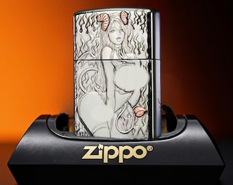 Metal Lighter Devil Girl, Collectible Lighter Gift for Him, Engraved Windproof Lighter, Gothic Flame Design, Pocket Lighter Premium Style