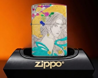 Elegant Floral Portrait Zippo Lighter, Colorful Illustrated Muse Artwork, Gold Accent Collectible Gift for Her and Display Piece