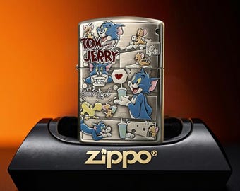Fun cartoon character lighter Zippo collectible, playful cat mouse design gift for him birthday gift mens accessories unique keepsake item