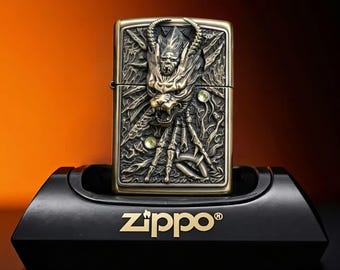 Metall Feuerzeug Sammlergeschenk für Ihn, Zippo Dragon Skull Feuerzeug 3D Fantasy graviertes Design, seltener Zippo Stil, Premium Gothic Feuerzeug Geschenk