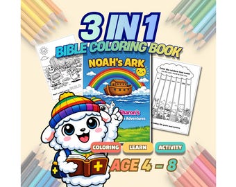 Afdrukbaar bijbelkleurboek voor kinderen, activiteit ark van Noach, christelijke kleurplaten, 3-in-1 leren, 4-8 jaar, zondagsschool-pdf