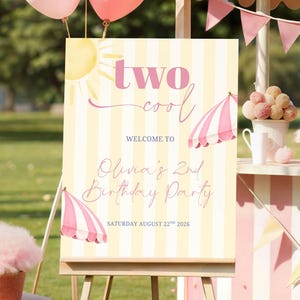 Two Cool Welcome Sign 2nd Birthday Girl Summer Sunshine Pink Striped Pool Party Printable Poster Editable Canva Template Instant Download