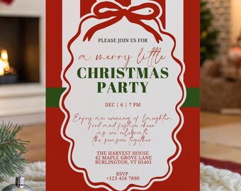 May include: A rectangular Christmas party invitation card featuring a red and white vertical striped background with a central white scalloped frame. The text reads: Please join us for a merry little Christmas party, Dec 6 at 7 PM, The Harvest House, 42 Maple Grove Lane, Burlington, VT 05401, RSVP +123 456 7890.