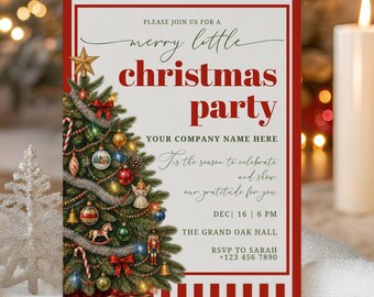 May include: A rectangular Christmas party invitation card with red and white striped borders. The design features a decorated Christmas tree on the left and text that reads: Please join us for a merry little christmas party, Your Company Name Here, Dec 16, 6 PM, The Grand Oak Hall, RSVP to Sarah, +123 456 7890.