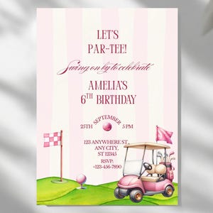 Invitación de cumpleaños editable de golf para 3º, 4º, 5º y 6º cumpleaños. Invitación "Lets Par-tee Pink Country Club". Invitación digital imprimible para decoración. Descarga.