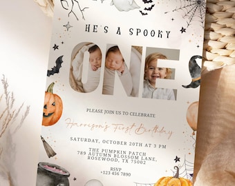 May include: A rectangular birthday invitation card featuring the text He's a Spooky One with photos of a child inside the letters. The design includes watercolor illustrations of pumpkins, ghosts, bats, a witch hat, a cauldron, and spider webs.