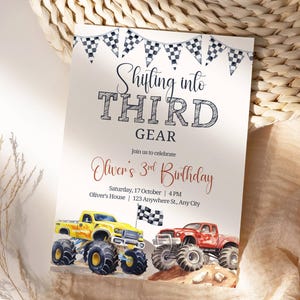 Monster Truck Boy 3rd Birthday Invitation Shifting into Third Gear Invite Checkered Flag Editable Template Printable Evite Digital Download