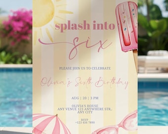 Girl 6th Birthday Invitation Pink Summer Splash Into Six Pool Beach Party Yellow Stripe Popsicle Editable Template Printable Evite Download