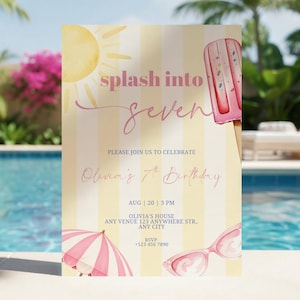 May include: A rectangular birthday invitation card with a yellow and white vertical striped background. It features a watercolor sun, a pink popsicle, a pink and white striped beach umbrella, and pink sunglasses with the text splash into seven.