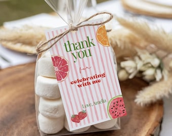 Two-tti Frutti Girl Birthday Favor Tags, Tutti Frutti Thank You, Watercolor Fruit Strawberry, Printable, Editable Template, Instant Download