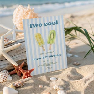 May include: A rectangular birthday invitation card with light blue and white vertical stripes. The text reads two cool, Oliver's 2nd Birthday, and event details. Two popsicle illustrations, one lemon and one kiwi, are centered on the card.